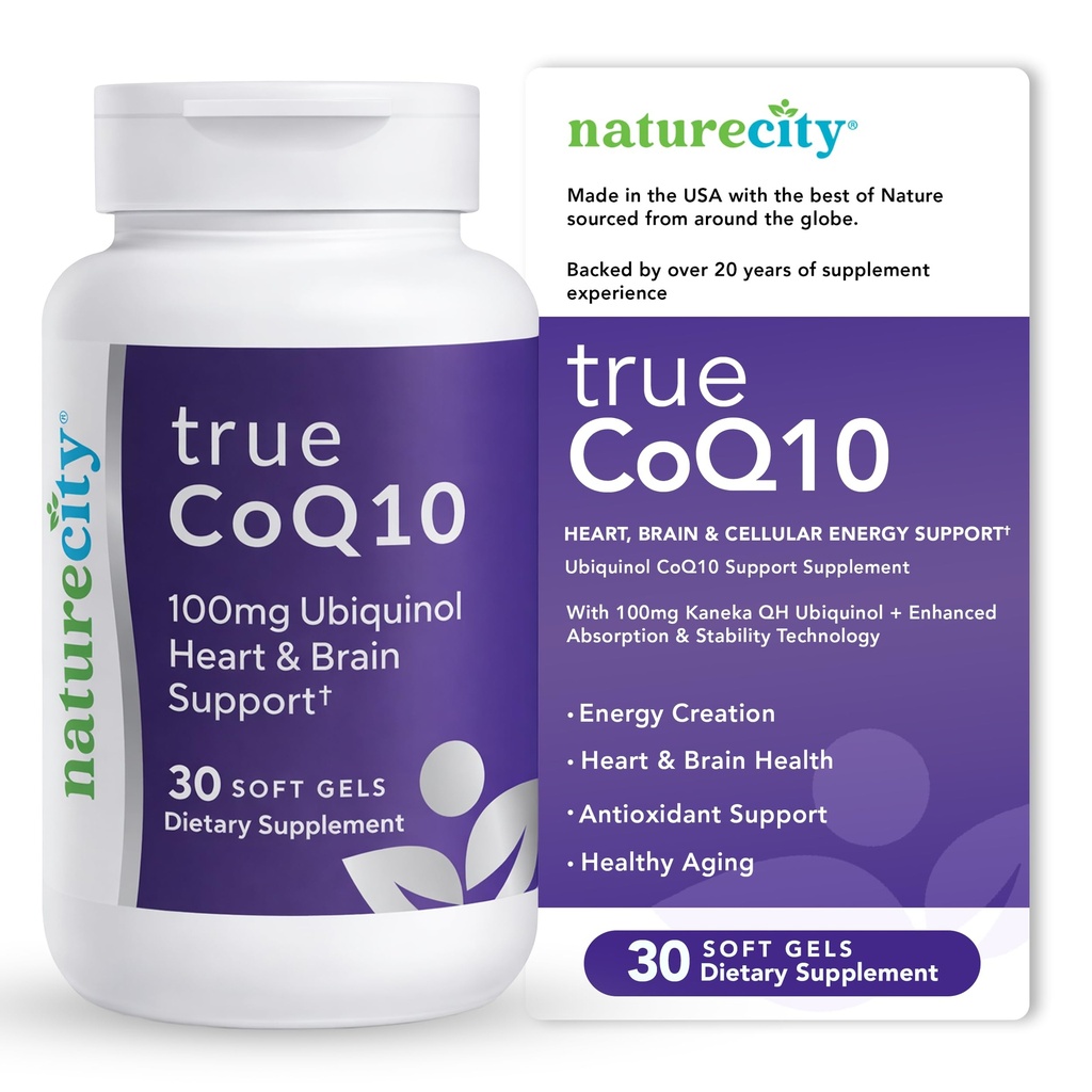 NatureCity True-CoQ10 Ubiquinol 100mg høyt absorberbar og Stablissert Kaneka QH CoQ10 hjerte, hjerne og cellulære energitilskudd - (30 myke geler) aktiv coQ10 som Ubiquinol