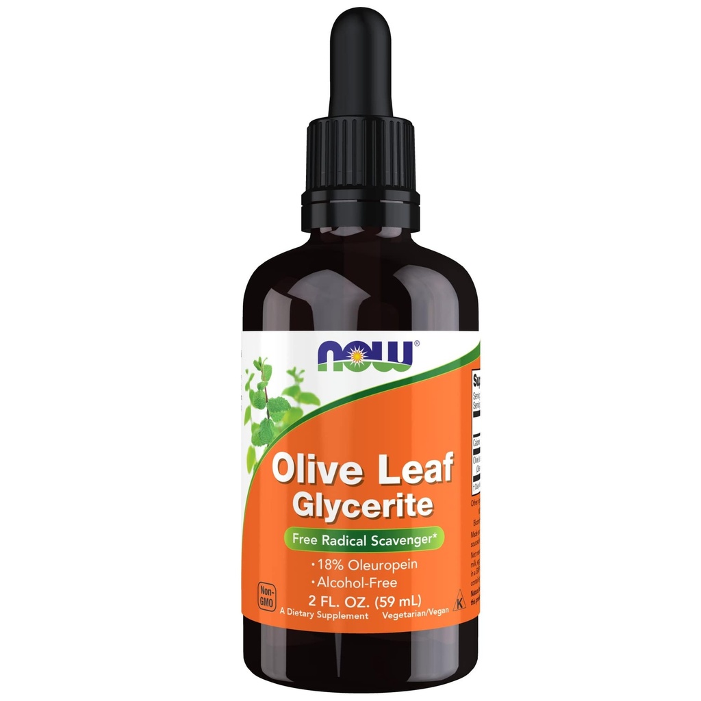 Nå Mattilskudd, Olive Leaf Glyceritt Liquid, 18% Oleuropein, Dropper Inkludert, Gratis Radikal Scavenger*, 2-Ounce