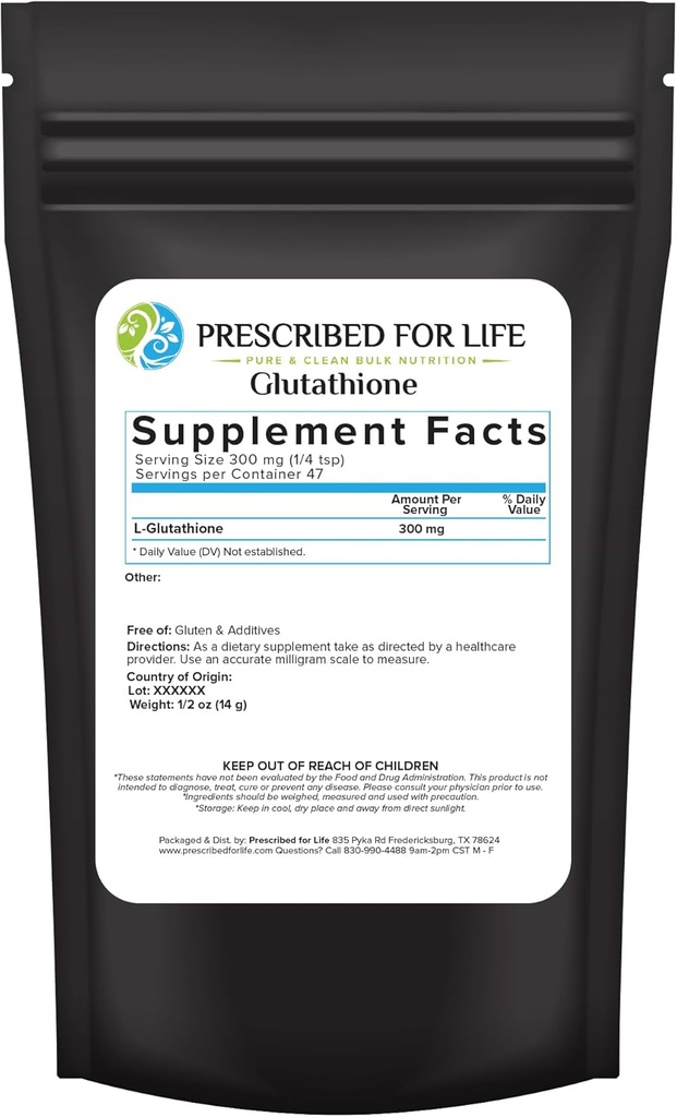 For livet L glutation pulver, ren Redusert glutation, tripeptid av aminosyrer glycin, glutamin og cystein, antioksidanter Supplement for immunstøtte (0,5oz / 14 g)