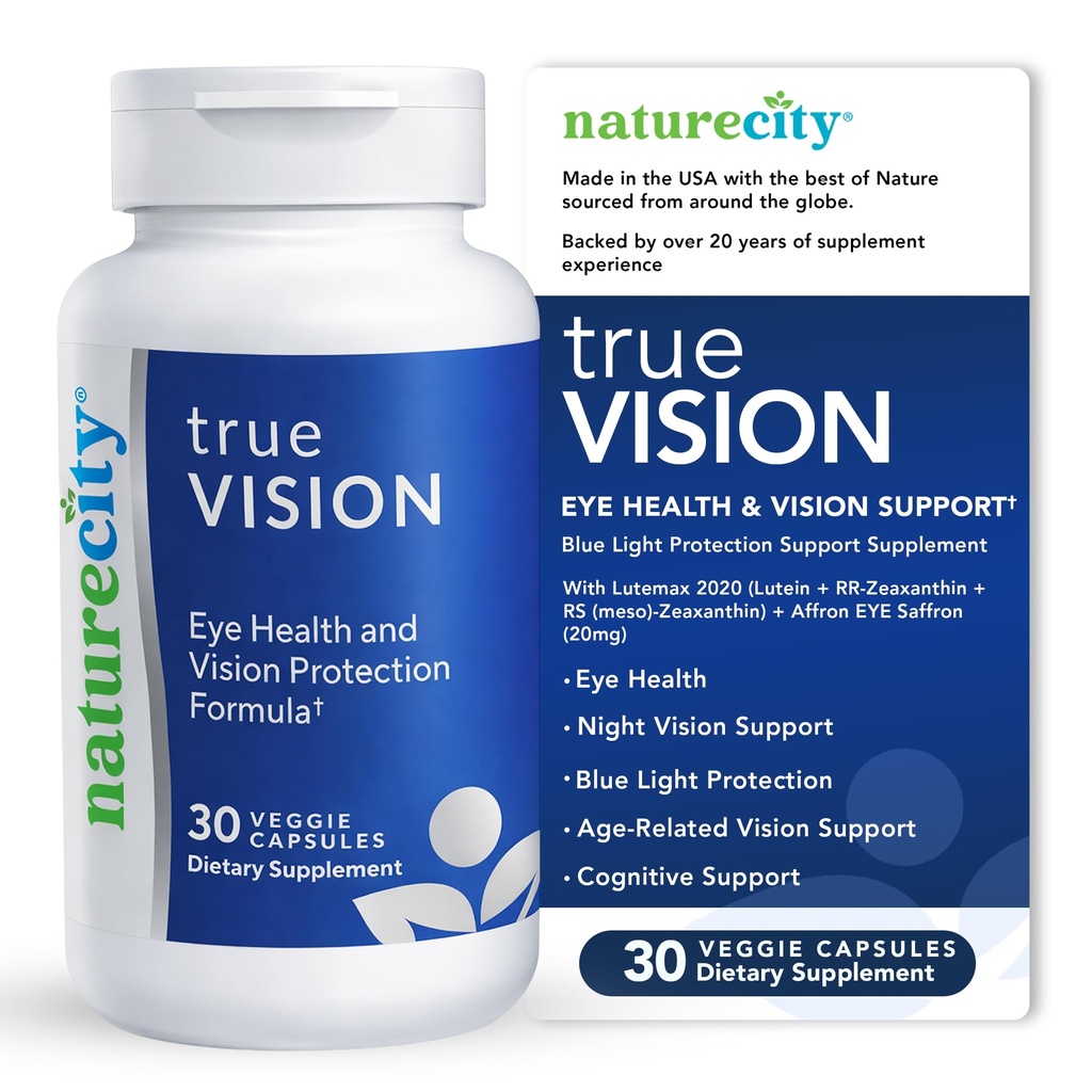 NatureCity True-Vision Eye Health Supplement - Plantebasert lutein og Zeaxanthin med høy potens Saffron 20 mg - Blått lys beskyttelse, støtte sentral og natt visjon (30 Veggie Kapsler)