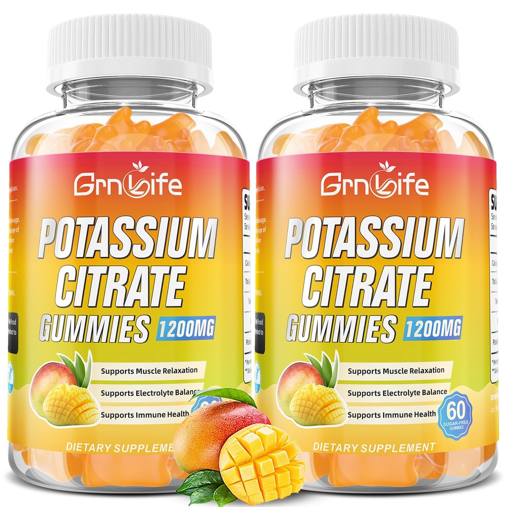 Kalium Citrate Gummies, høy Kalium Supplement Gummies 1200mg Støtte Ben Kramper & Muskel Helse, Kalium Gummies for voksne og barn, Vegan, Mango Flavor 120 Antall