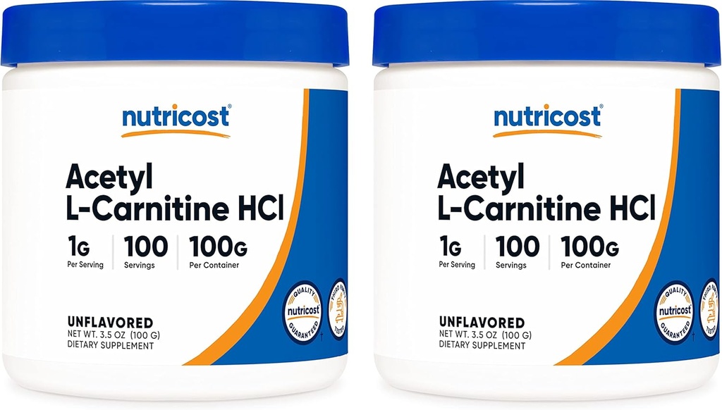 Nutricost Acetyl L-karnitin (ALCAR) 100 GMS (2 pakke) - 100 serverer hver - 1000 mg Per servering - ren acetyl L-karnitin pulver - ikke GMO, Glutenfri