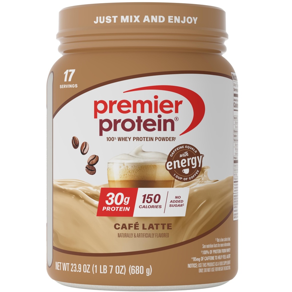 Premier Protein pulver, Café latte, 30g Protein, 1g Sukker, 100% Whey Protein, Keto Vennlig, Glutenfri, Ingen soya, 95 mg Koffein for energi, 23,9 oz (17 Serveringer)