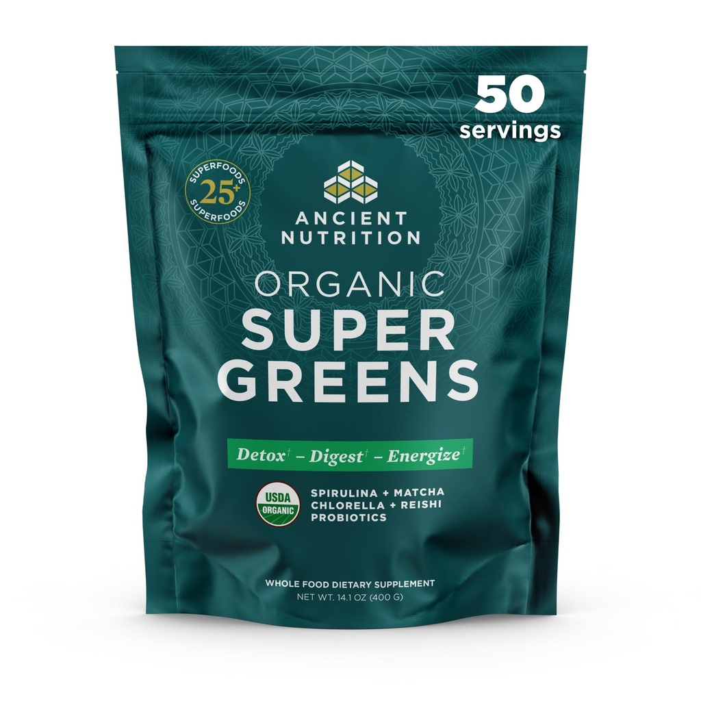 Gamle Ernæring Super Greens pulver, organisk Superfood pulver med probiotika laget med Spirulina, Klorella, Matcha og Digestive Enzymes, 50 serveringer, 14,1 oz
