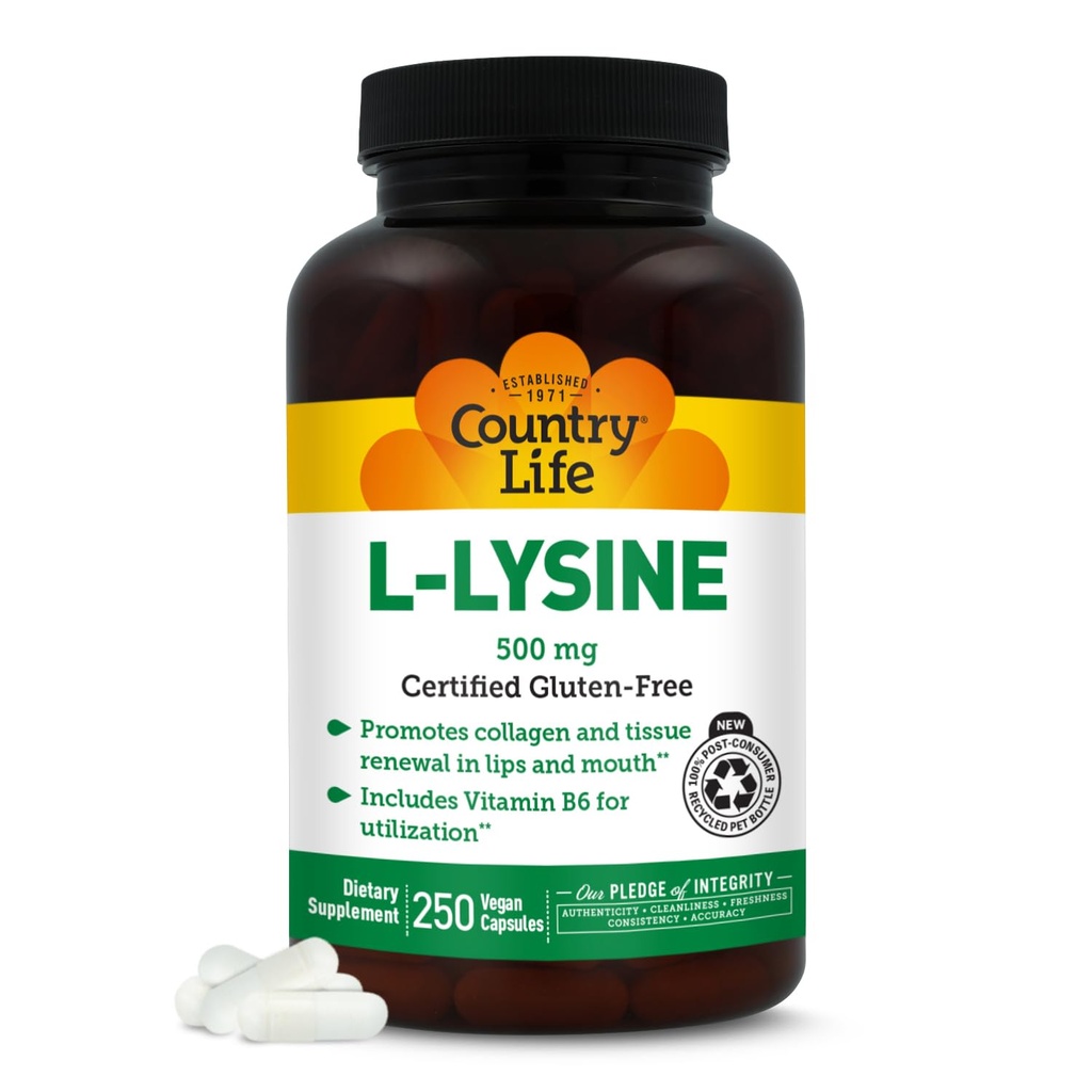 Country Life L-Lysine 500mg med B-6, støtter immun helse, fremmer kollagenfornyelse i lepper og munn, 250 Vegan kapsler, sertifisert Glutenfri, sertifisert Vegan