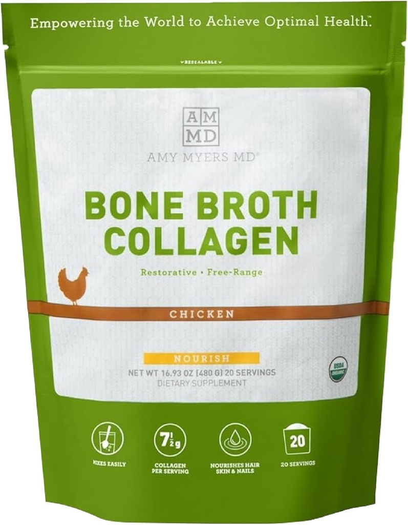 Amy Myers MD Bone Broth Collagen pulver - Organic Chicken Bone Broth - støtter sunn hud og negler - for Gut helse & felles støtte - 20 serveringer, kylling flavor