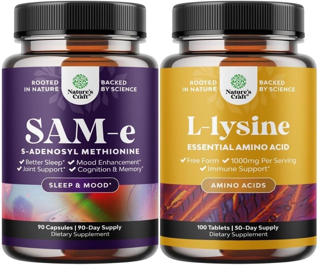Bundle av ren Sam E Supplement 150mg - Nootropic samme 150mg Per servering for minne og hjerne støtte og L Lysine 1000mg gratis form - L-Lysine Supplement for øye helse Lip Care Collagen Syntese