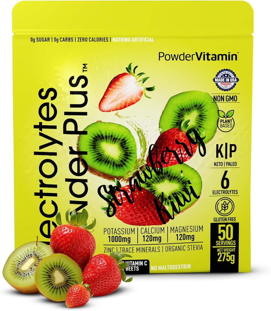 Electrolytes Powder Plus (50 Serveringer), 0 Calorie Keto, 0 Sukker, Ingen Maltodextrin, 1000 mg Kalium, 120 mg Kalsium, 120 mg Magnesium, Hydration pulver (50 Serveringer, Jordbær Kiwi)