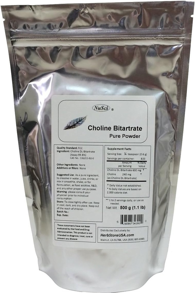 Choline DL- Bitartrat Rent pulver 500g (1,1 lb, 17,6 oz) Smart næringsstoff