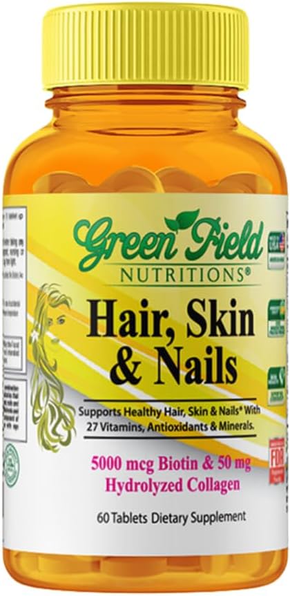 Greenfield Nutritions Halal Biotin Tablet for voksen - 60 Halal Multivitamin for hår hud og negler - høy styrke 5000mcg Biotin med 50mg kollagen og mineraler - Gelatin Glutenfri, ikke-GMO vitamin