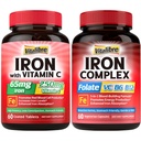 Jern Supplement for kvinner og menn, med vitaminer C, B6, B12 & Folate + Jern Supplement, 65 mg Carbonyl Jern med 250 mg vitamin C