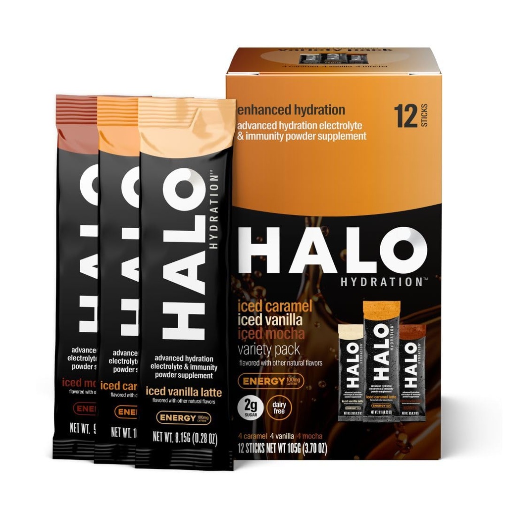 HALO Hydration - Elektrolytte energidrink Blande |Husk Powder Packets | Variety Pack (Caramel, Vanilla, Mocha Lattes), Sunn Skinny Coffee | Easy Open Enkelt servering Stick | 12 Sticks