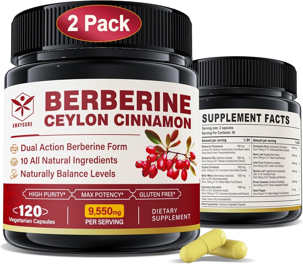 Berberin Supplement 1500mg med Ceylon kanel, Bitter Melon, Banana leaf og botanisk ekstrakt for immunstøtte og kroppens ledelse, 10-i-1 formel med berberin HCL, ikke-GMO, 240 Veggie kapsler