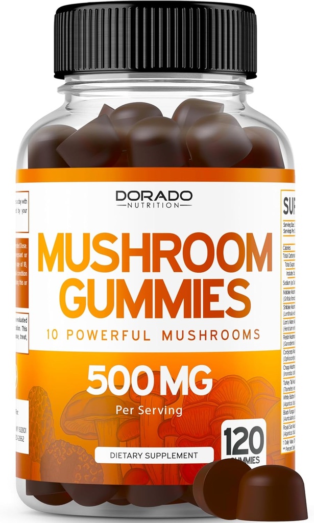 Mushroom Gummies 2500mg 10 i 1 blanding (120 Gummies med Lions Mane, Cordyceps, Reishi & mer funksjonell Mushrooms) Fokus & Hjerne Mushroom Supplement - Vegansk & tredjeparts testet - USA Laget