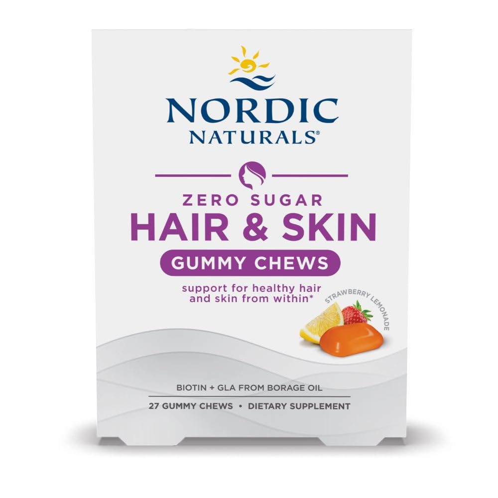 Nordic Naturals Zero Sugar Hair & Skin Gummy Chews, Strawberry Lemonade - 27 Gummy Chews - Biotin + GLA fra burageolje - fremmer sunn balanse av fett i huden - Ikke-GMO - 27 Services