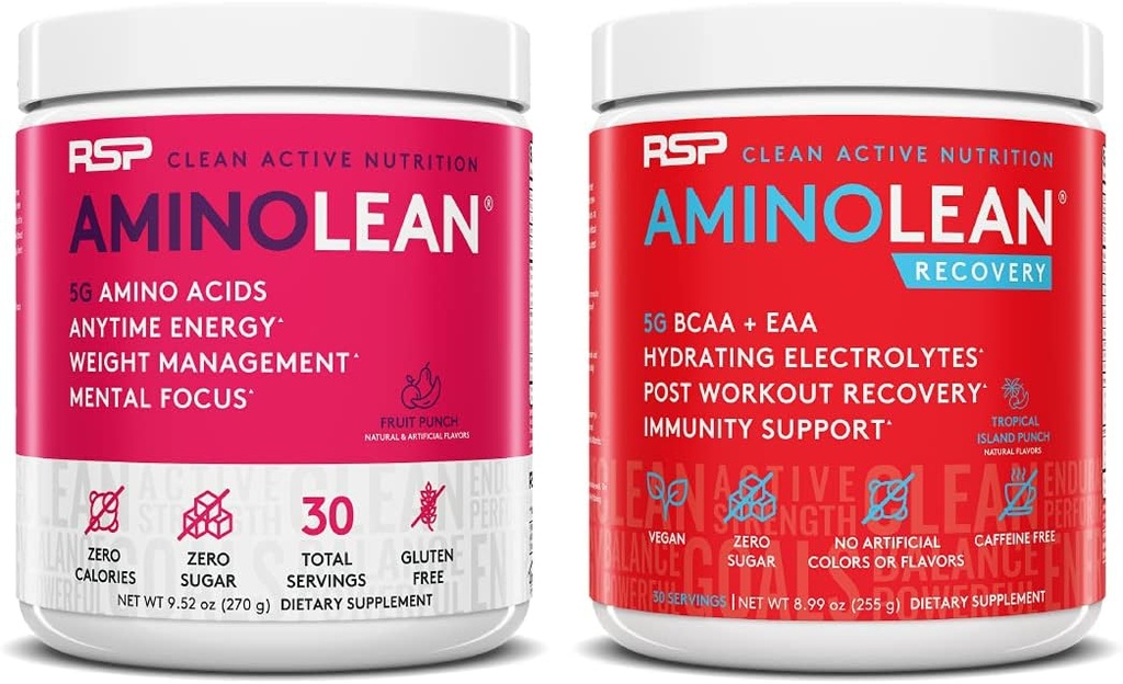 RSP NUTRITION AminoLean Pre Workout Energy (Fruit Punch 30 serveringer) med AminoLean Recovery Post Trening Boost (Tropical Island Punch 30 Serveringer)