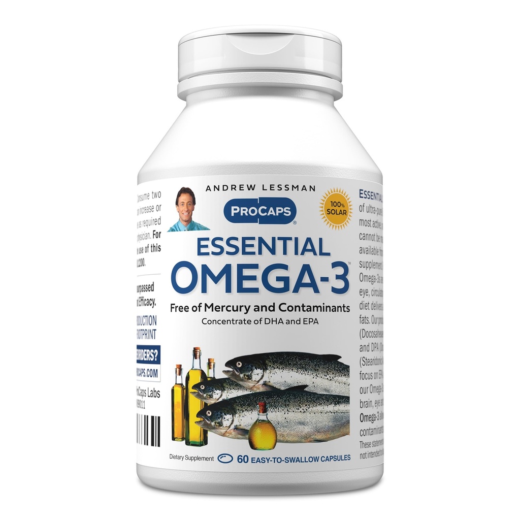 ANDREW LESSMAN Essential Omega-3 Unflavored - 60 Softgels - Ultra-Pure, høy potens Omega-3 oljer. Høy DHA, ingen mage-upset, ingen kontaminanter, ingen Mercury. Små lett å svelge Softgels