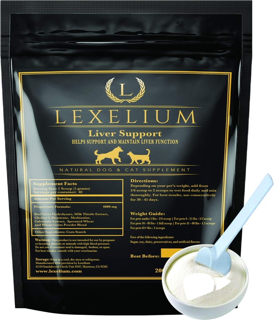 Liver Support Supplement for hunder og katter - Flott for detoxing og hjelper nyre, lever og hudfunksjon - Cat Liver Support - Melk Thistle + Lysine + Choline Bitartrate + Metionine – 200g