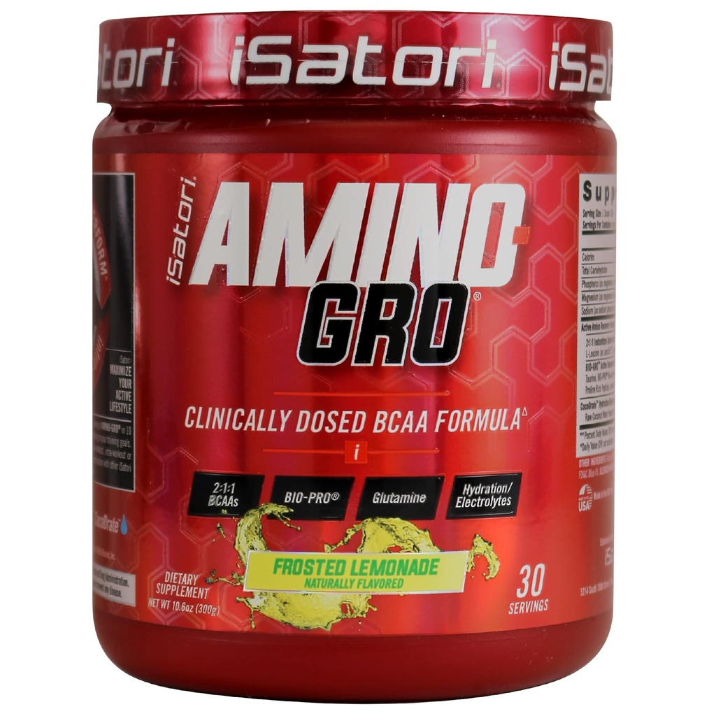 iSaturi Amino-GRO BCAA pulver, grened kjede Aminosyrer med glutamin, elektrolyt pulver & bio-GRO bio-aktive peptider for muskelvekst og post trening gjenoppretting, Frosted sitronade (30 serveringer)