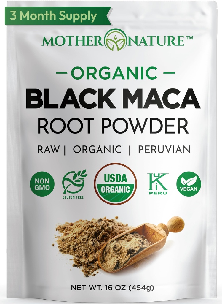 Organisk, Raw Peruvian Black Maca Root Powder - Premium USDA Certified, Ideell for menn og kvinner, Boost Workouts, Forbedre muskelgjenvinning, Ikke-GMO, Vegan Superfood, 16 oz