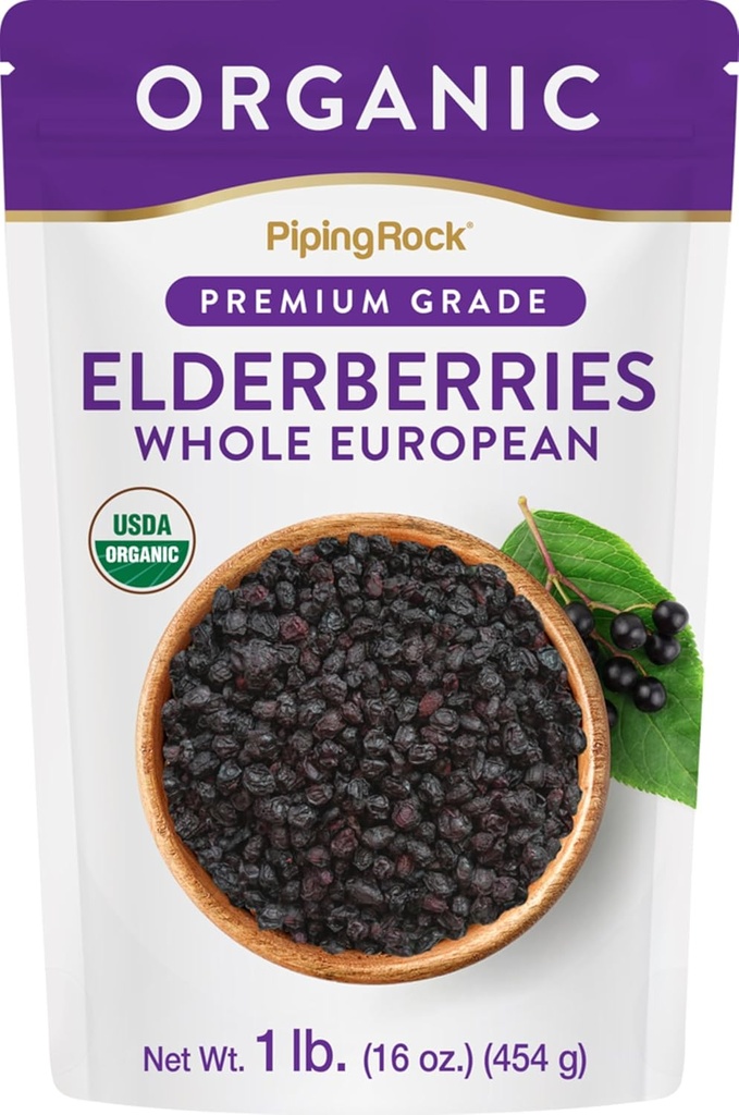 Piping Rock Elderbær Tørket organisk | 1lb bulk Supplement | Europeisk Hele Berries | Vegetarisk, Ikke-GMO, Glutenfri