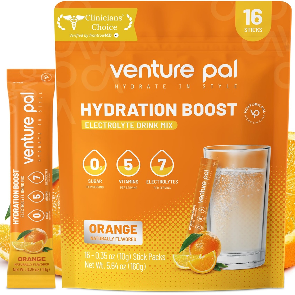Venture Pal Sukker Gratis Elektrolyte pulver pakker - flytende daglig IV drikke blanding for rask hydrasjon og fest utvinning | 5 vitaminer og 7 elektrolyter | keto vennlig | Ikke-GMO | Certified Vegansk | 16 Sticks
