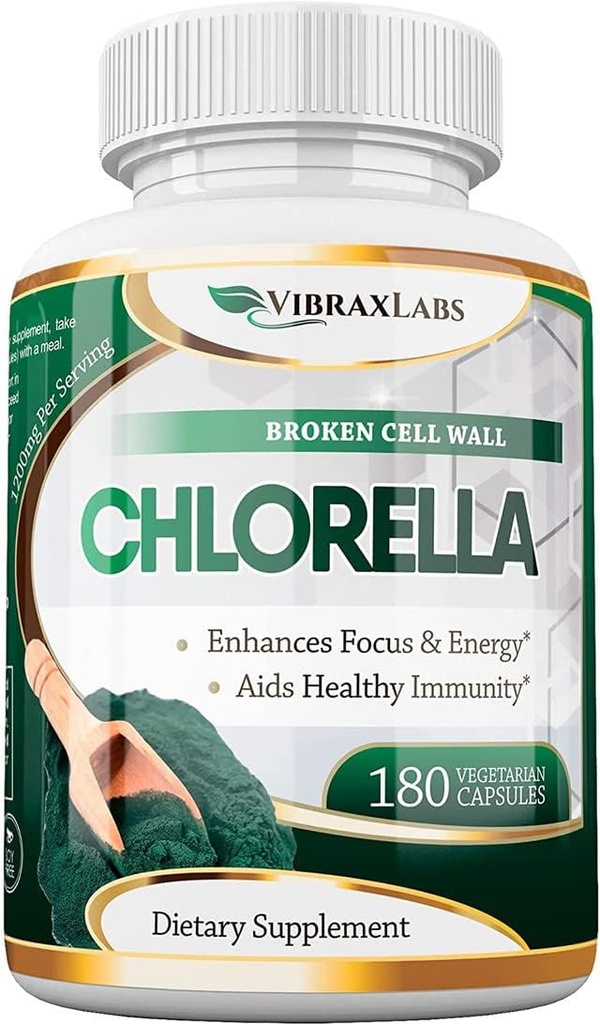 VibraxLabs Clorella Capsules - Broken Cell Wall 600 mg Veggie Piller (1200 mg Serving) - Protein pulver Supplement for naturlig avgiftsberegning, Best med Spirulina, Ingen ettersmak, laget i USA