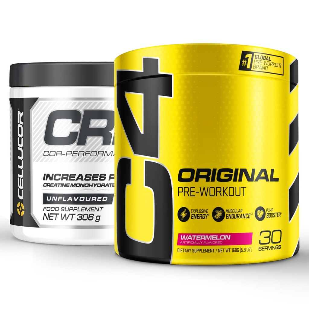 Cellucor Pre Workout & Kreatin Bundle, C4 Original Pre Workout pulver, vannmelon, 30 Serveringer + Cor Performance Creatine pulver, 72 Serveringer
