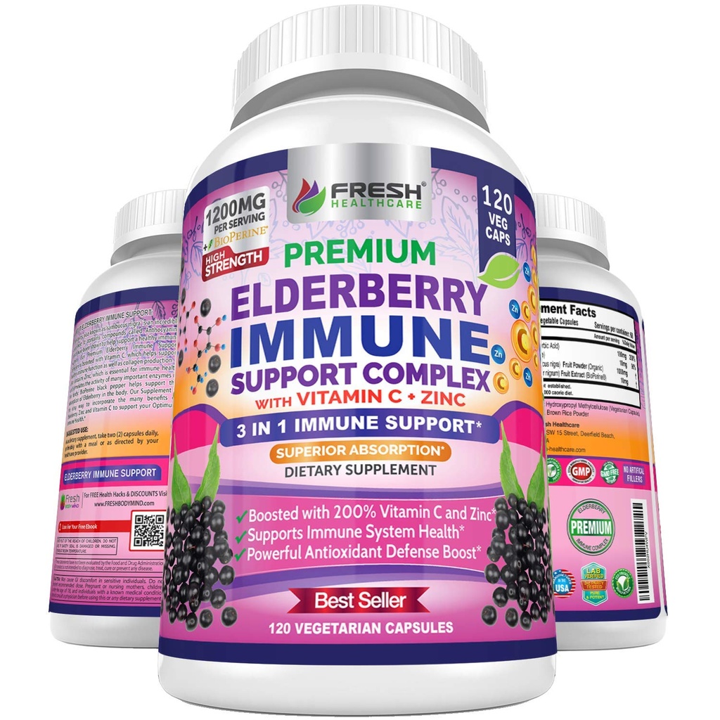 FRESH HealthyCARE Elderbær Capsules - høy potens Svart Elderbær med sink & vitamin C - Premium 3-i-1 immunstøtte vitaminer for voksne