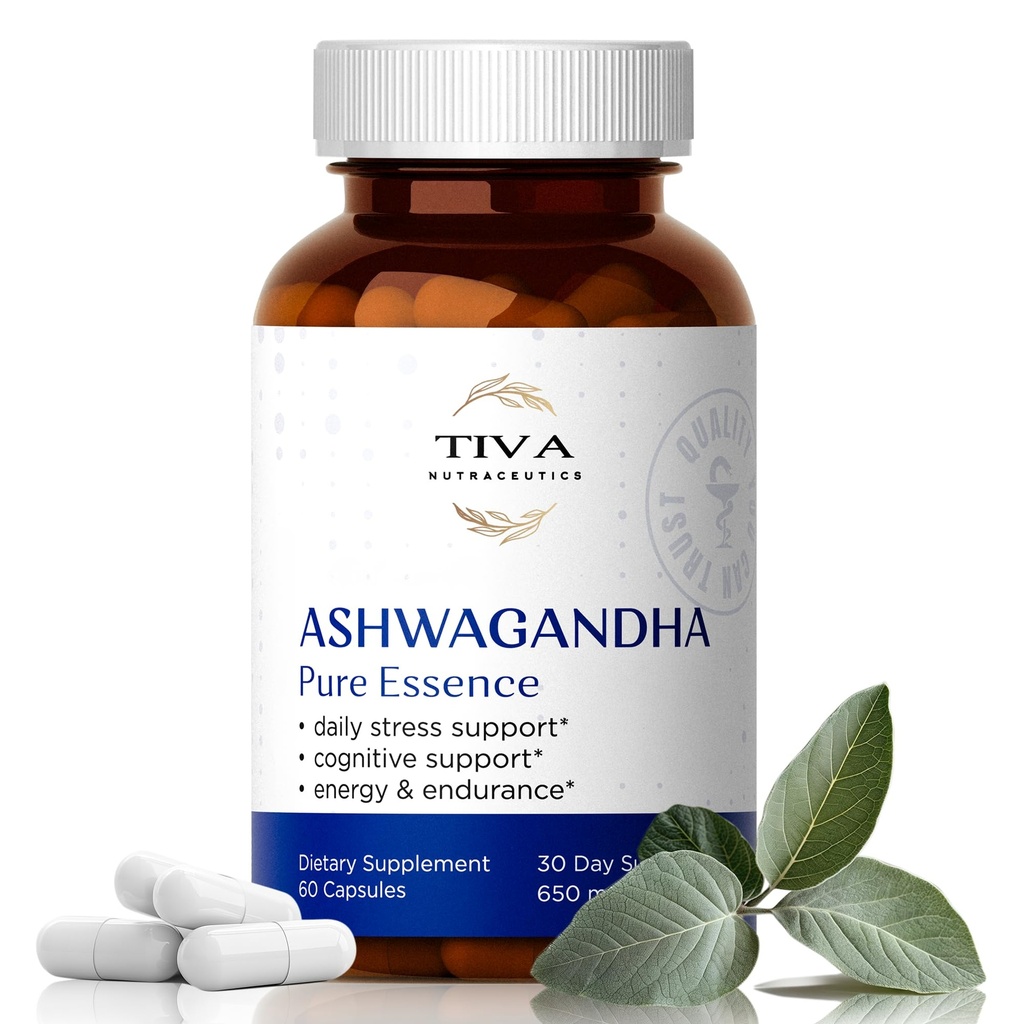 Tiva Ashwagandha Capsules 650mg med svart pepperekstrakt – naturlig støtte for stress, metabolisme, immunfunksjon og humør – Vegansk, ikke-GMO, Lab-testet – 60 Herbal Capsules