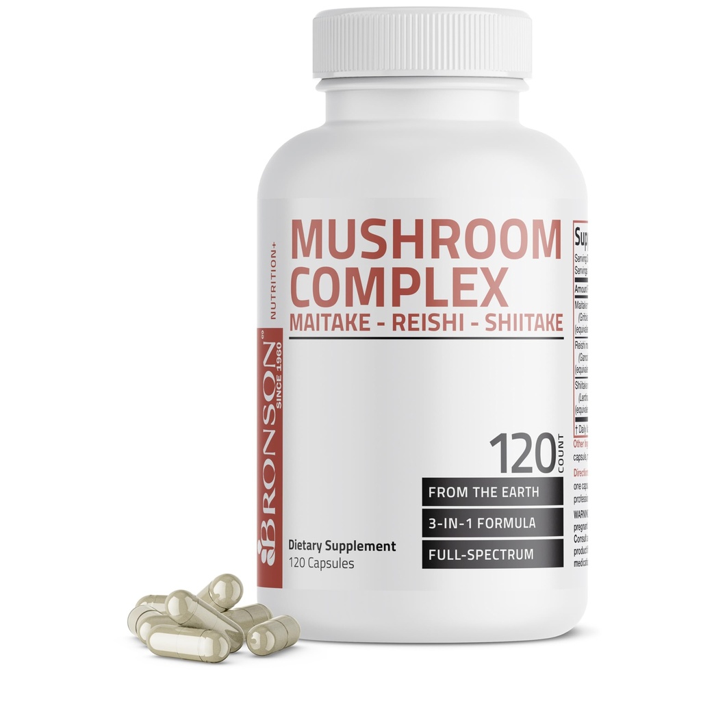 Bronson Triple Moshroom Complex - Maitake - Reishi - Shiitake - Kraftig antioksidant og immunsystem Booster - Full Spectrum Moshroom Complex - 600 mg Kapsler - 120 greve