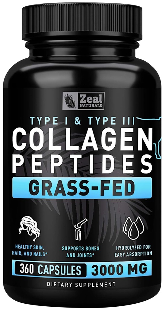 Zeal Naturals Collagen Peptider Collage Piller (360 kapsler) Grass Fed Collage Pepetid pulver - Hydrolysert kollagen pulver for JointTendon SupplementHud og negler -