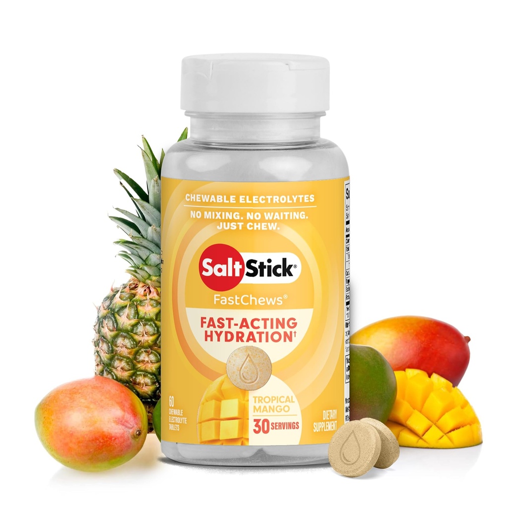 SaltSlick Electrolyte FastChews - 60 Tropical Mango Chewable Electrolytes - Salt Tabletter for løping og hydrasjon, Electrolyte Chews - 60 greve