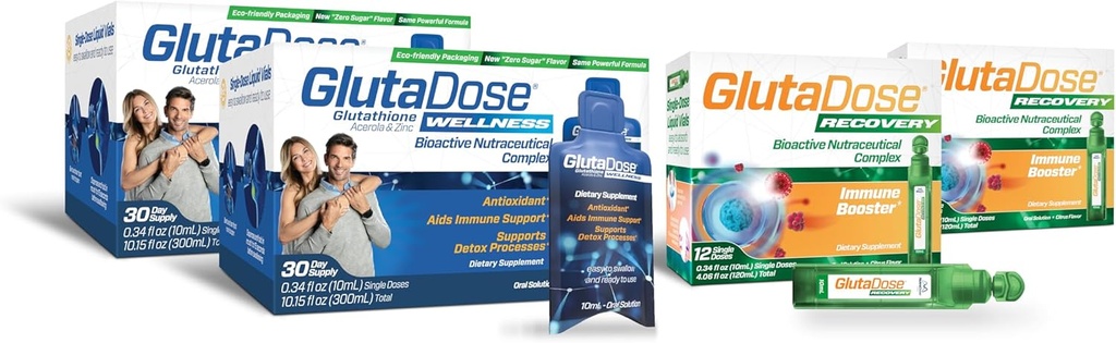 GlutaDuse Ultimate Immun Boost & Daily Detox Bundle, Cold & Flue Recovery, Immun & Energi Støtte, Glutation, Astragalus, Echinacea, Acerola (1 000 mg blanding), Selenium, Sink, Flytende kosttilskudd