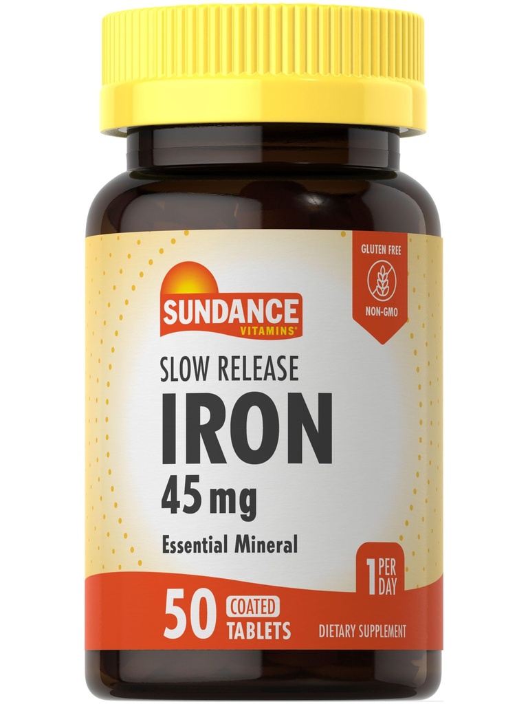 Sundance jern 45 mg langsom release piller | 50 tabletter | Essential Mineral Supplement | Vegetarisk, ikke-GMO, og glutenfri formel