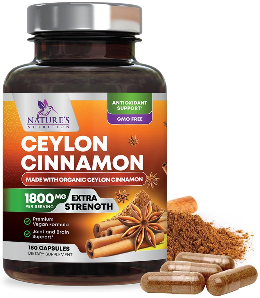 Organisk Ceylon Cinnamon Supplement 1800mg - Certified Organic Ceylon Cinnamon pulver piller - Energi og hjerte støtte for kvinner og menn, flaske i USA, Antioksidant, Glutenfri, Ikke-GMO - 180 Kapsler