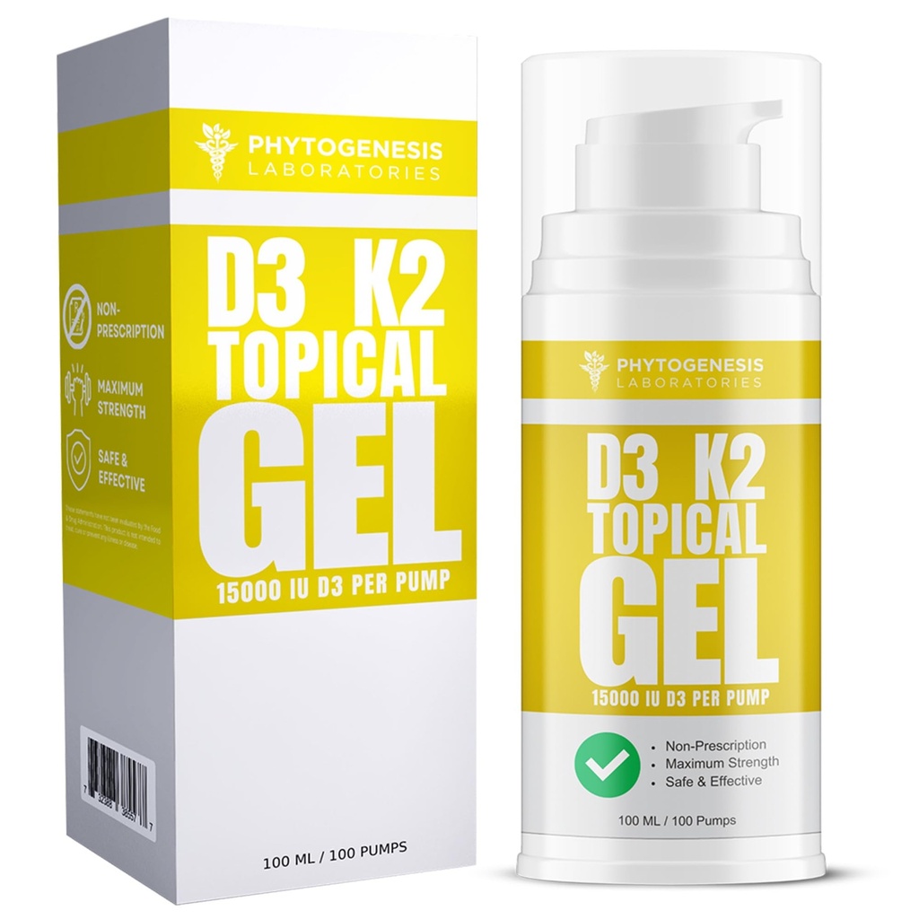 Vitamin D3 K2 Maks styrke Topical Gel - 15000+ IU Per Pump - Sunshine Vitamin - Støtter Bone & Joint Health, Immunstøtte - En måneds forsyning