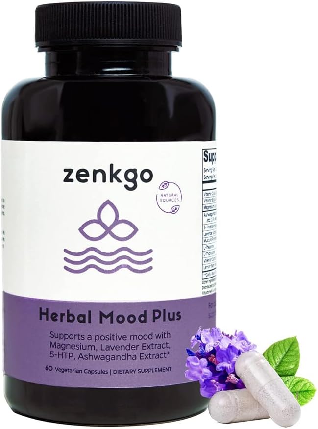 Zenkgo Ashwagandha, 5-HTP, Lavendel, Mucuna, L-tryptophan - Hood Support Supplement, Plantebasert, Herbal Mood Plus hjelper med rolig sinn og stress relief, emosjon Blanc, Positivitet (60Ct / 30Day)
