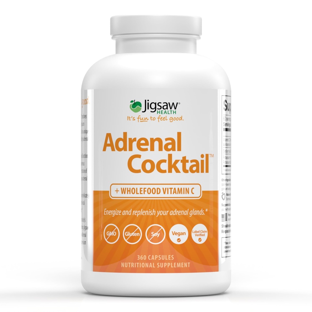 Puslespill Helse Adrenal Cocktail + Helfood vitamin C | med Kalium Bikarbonat, Sea Salt, og Acerola Cherry Extract | 360 Kapsler | 60 Serveringer