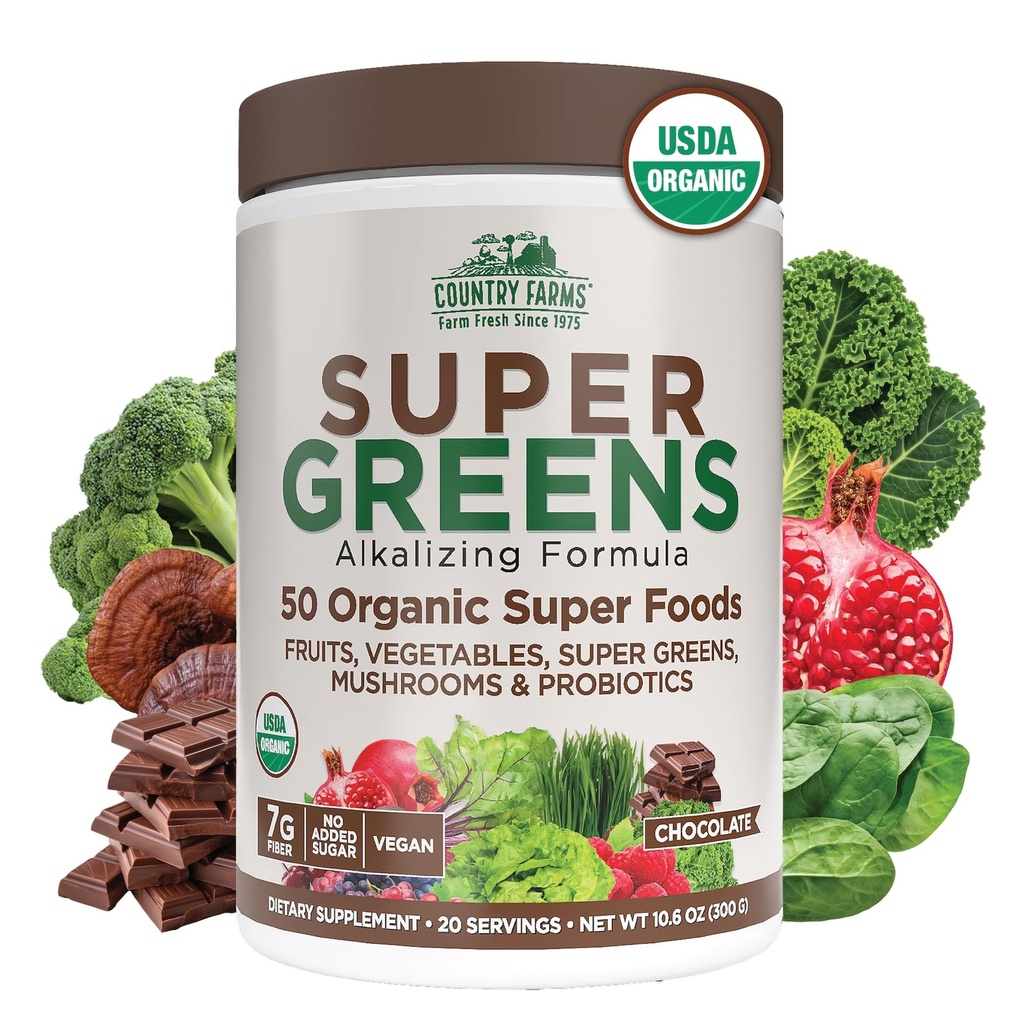Landbruk Organic Super Greens Sjokoladeflavor, 50 organiske supermatvarer, USDA økologiske drikkeblanding, pakket med fiber, frukter, grønnsaker, moskrooms & probiotika, støtter energi, 7g Fiber