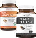 Bundle of Black Seed Oil & Organic Ashwagandha - Renew & Recharge Bundle - Black Seed Oil - 120 Soft-gel Kapsler (Non-GMO & Vegetarian) og Organic Ashwagandha Root Powder 1350mg betjene (120 tabletter)