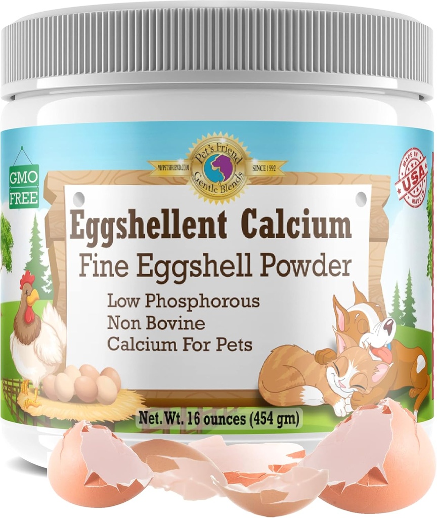 Kalsium for hunder og katter - Fine Eggshell pulver - Sterk Hip & felles Supplement for hunder og katter - Kosttilskudd - Ingen additiver - Kjæledyrsvenn Eggshellent Kalsium 16oz