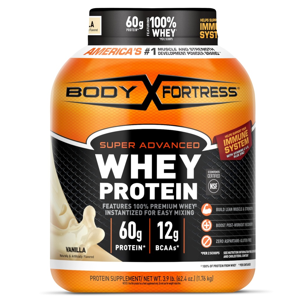 Body Fortress Super Advanced Whey Protein Powder, Vanilla, Immun Support (1), Vitaminer C & D Plus Zink, 3,9 lbs.
