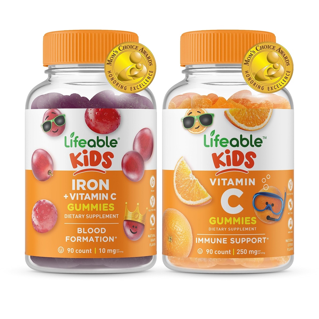 Livelig jern og vitamin C Kids + vitamin C Kids, Gummies Bundle - Great Tasting, vitamin Supplement, Glutenfri, GMO Gratis, Chewable Gummy