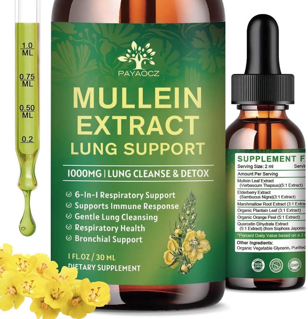 (2 Pack) 6 I 1 Mullein Drops for Lungs, Organic Mullein Leaf Ekstrakt Tinktur for Lungs, Detox Renser og puster for pustende helse, Mullein olje Supplement Immunstøtte, Vegan, 1 Fl Oz