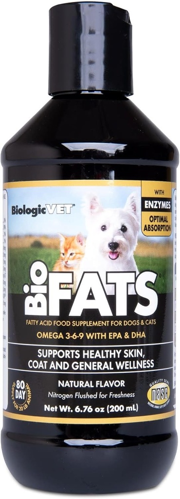 BiologicalVET BioFAT - Inneholder Omega 3, 6 og 9 - med EPA, DHA & ALA - for hund og katt - Hud og felles helsestøtte - Inkluderer fisk, Flaksfrø og olivenolje - 6,76 fl. oz.