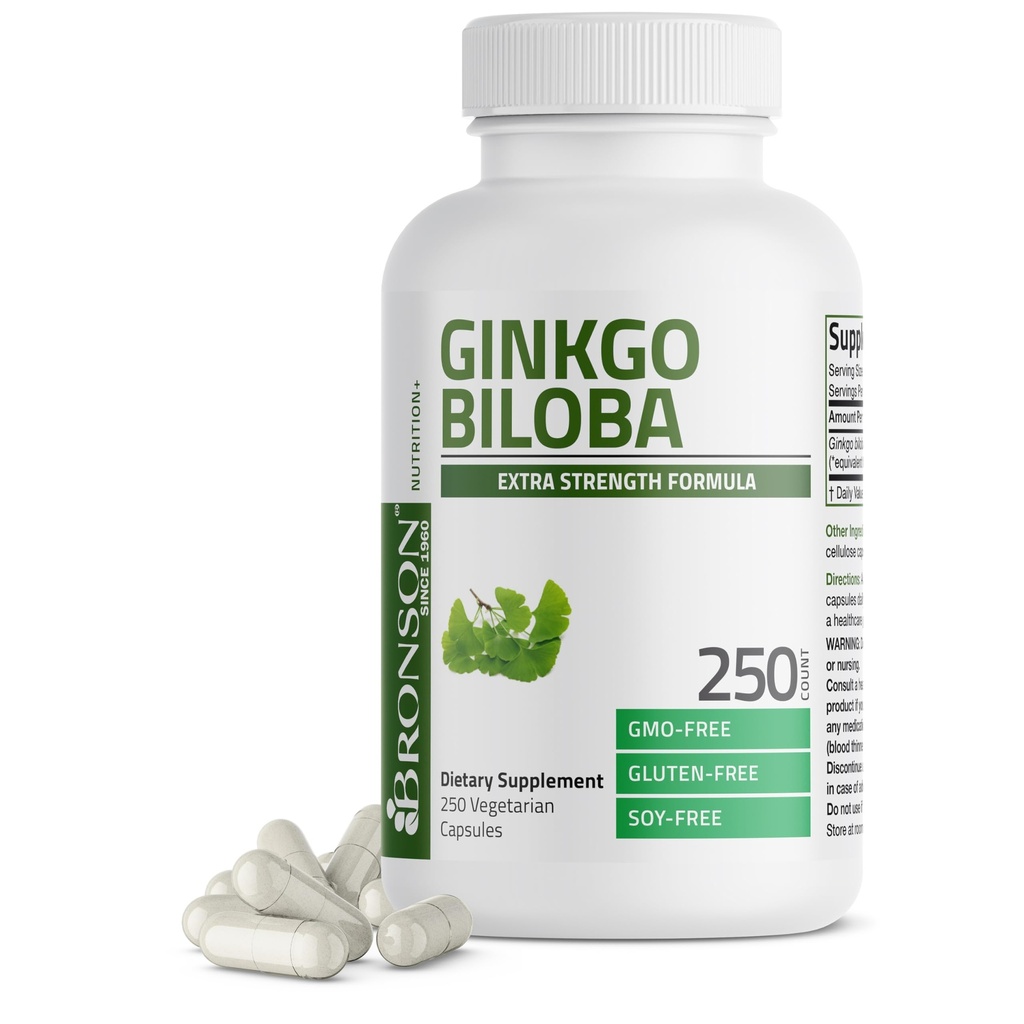 Bronson Ginkgo Biloba ekstra styrke støtter hjernefunksjon og minnestøtte, 250 vegetariske kapsler
