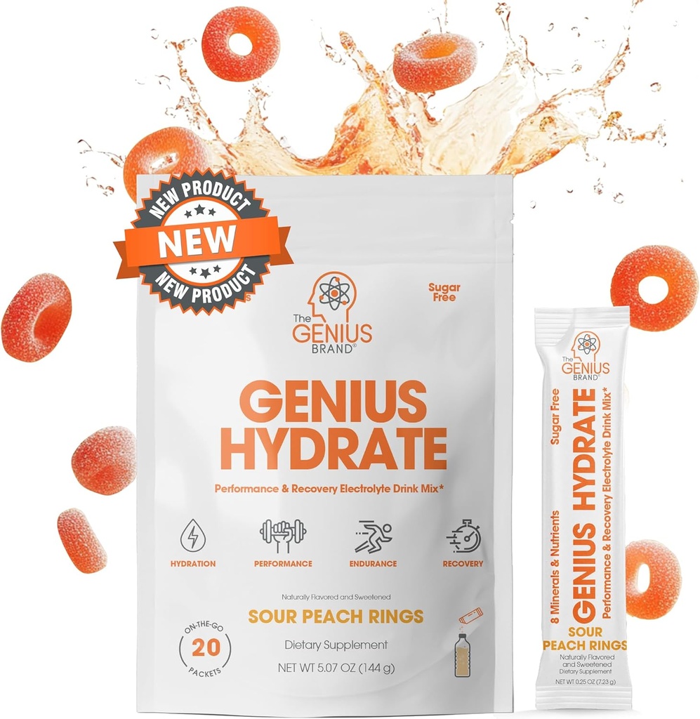 Genius Merke Genius Hydrate - Electrolyte Supplement for daglig hydrasjon - kokosvann - sukkerfri - 8 essensielle mineraler og næringsstoffer - ikke-GMO - Sour Peach Ringer - 20 Serveringer