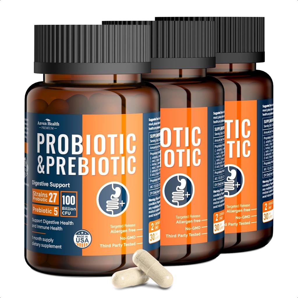 100 milliarder probiotika for menn og kvinner 27 Strains 5 organiske prebiotika for Gut Digestive & Immune Health, støtter diarré Gass Bleating, Ikke-GMO, Zero Fillers – laget i USA丨180 Caps