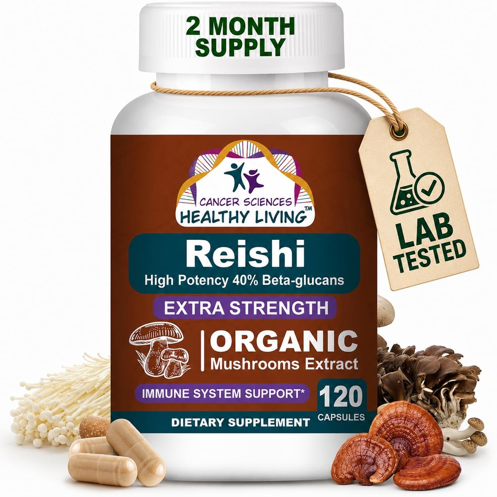 CANSER SCIENCEs Reishi Wellness Mushroom Supplement Kapsler, USDA Certified Organic Mushrooms Extract, Extra styrke 1.500 mg, høy styrke 40% Beta-Glucans, immunstøtte, anti-aging, 120 kapsler